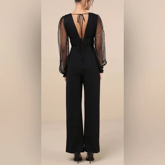 Lulus NWT “Sweet Twist” Black Swiss Dot Tulle Long Sleeve Jumpsuit.  Size Small. - Picture 3 of 11
